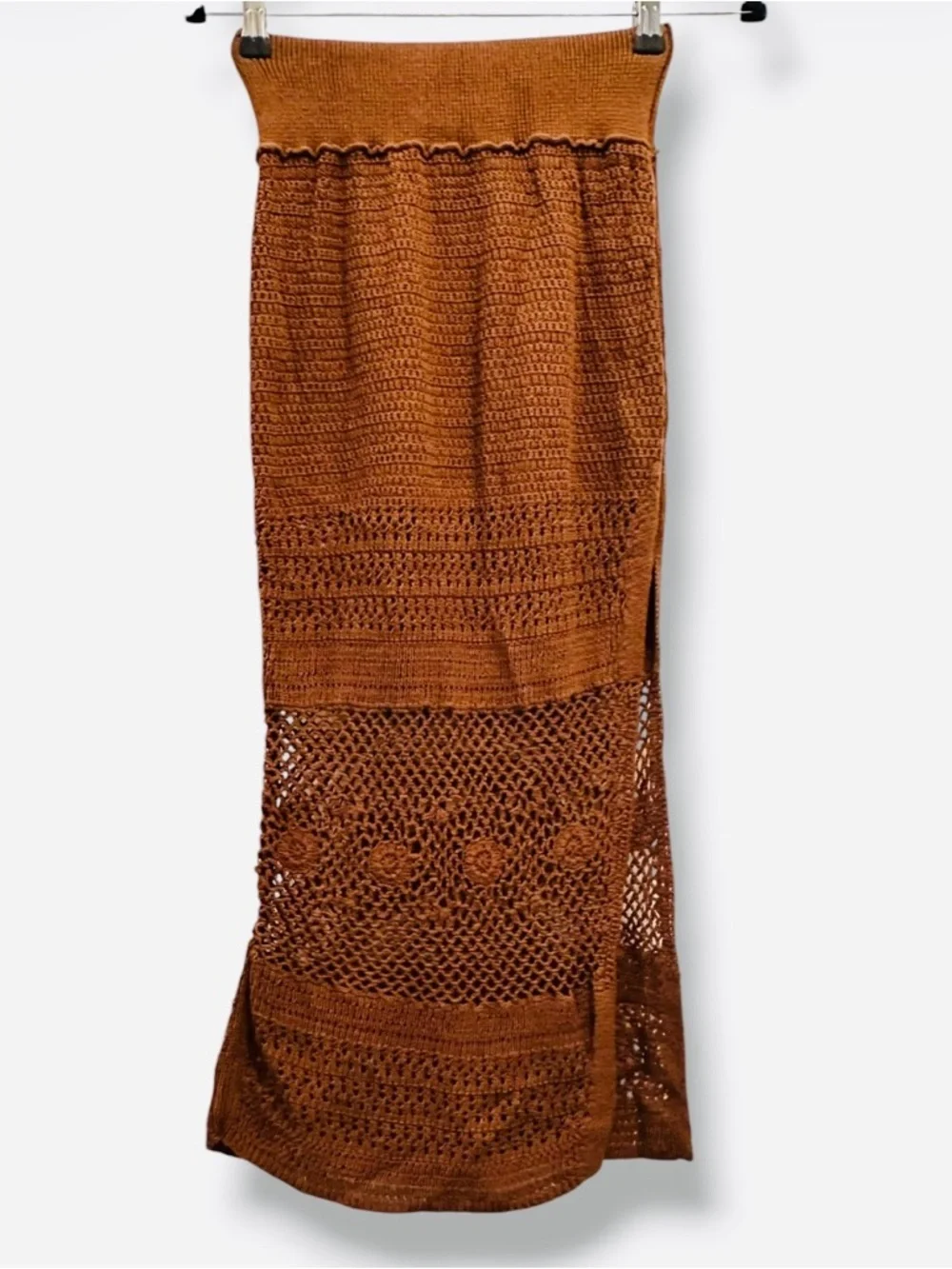 Free People Crochet Maxi Skirt Brown Boho Slit FP Beach S - Picture 5 of 9